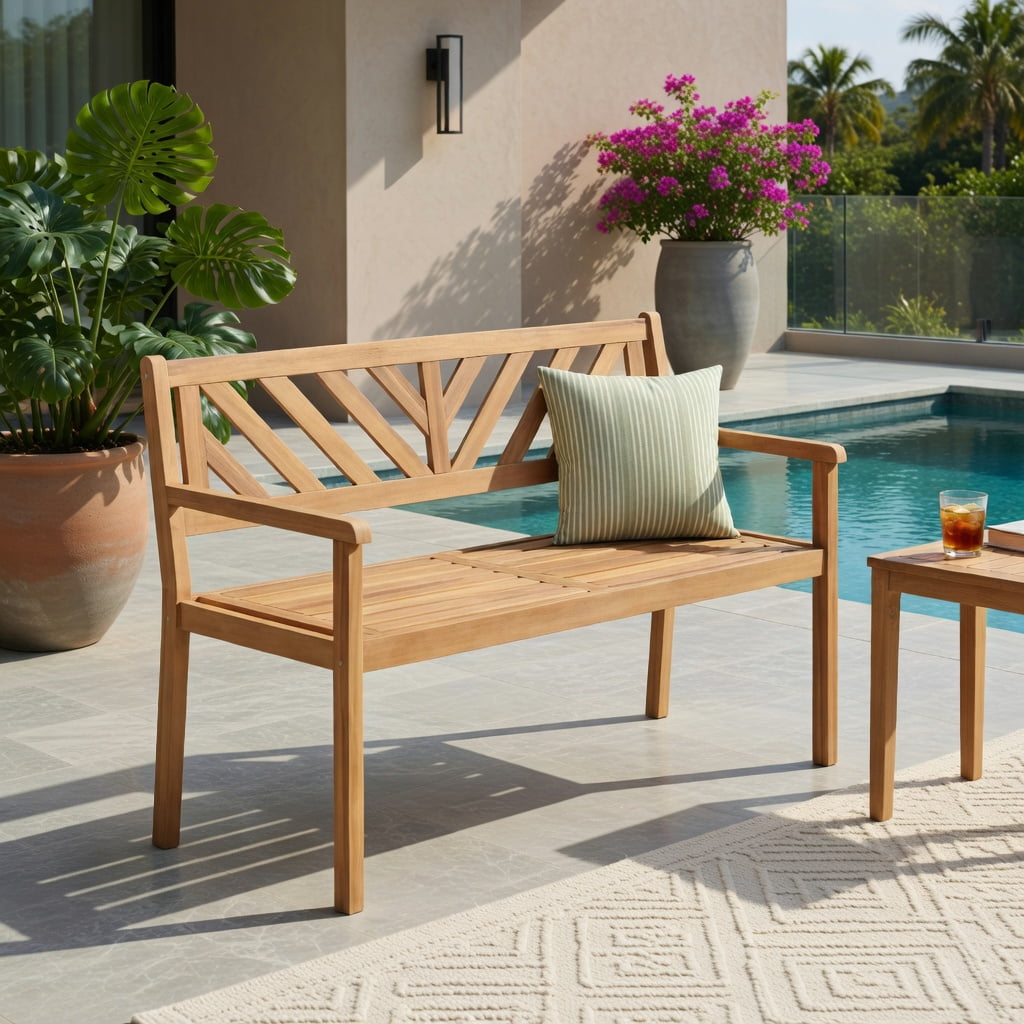 Hommoo 2-Person Acacia Wood Patio Bench with Armrests & Ergonomic Backrest – Teak Outdoor Garden Chair for Porch, Deck, or Poolside