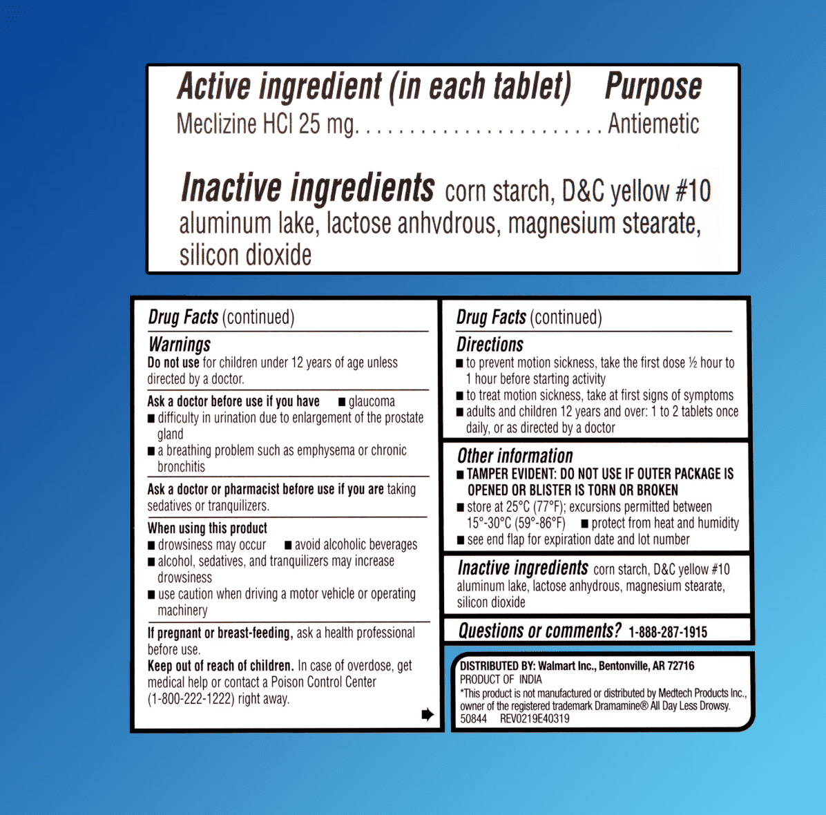 Equate Less Drowsy Formula Motion Sickness Relief Meclizine HCI Tablets, 25mg, 8 Count, Compare to Dramamine® All Day Less Drowsy Active Ingredients