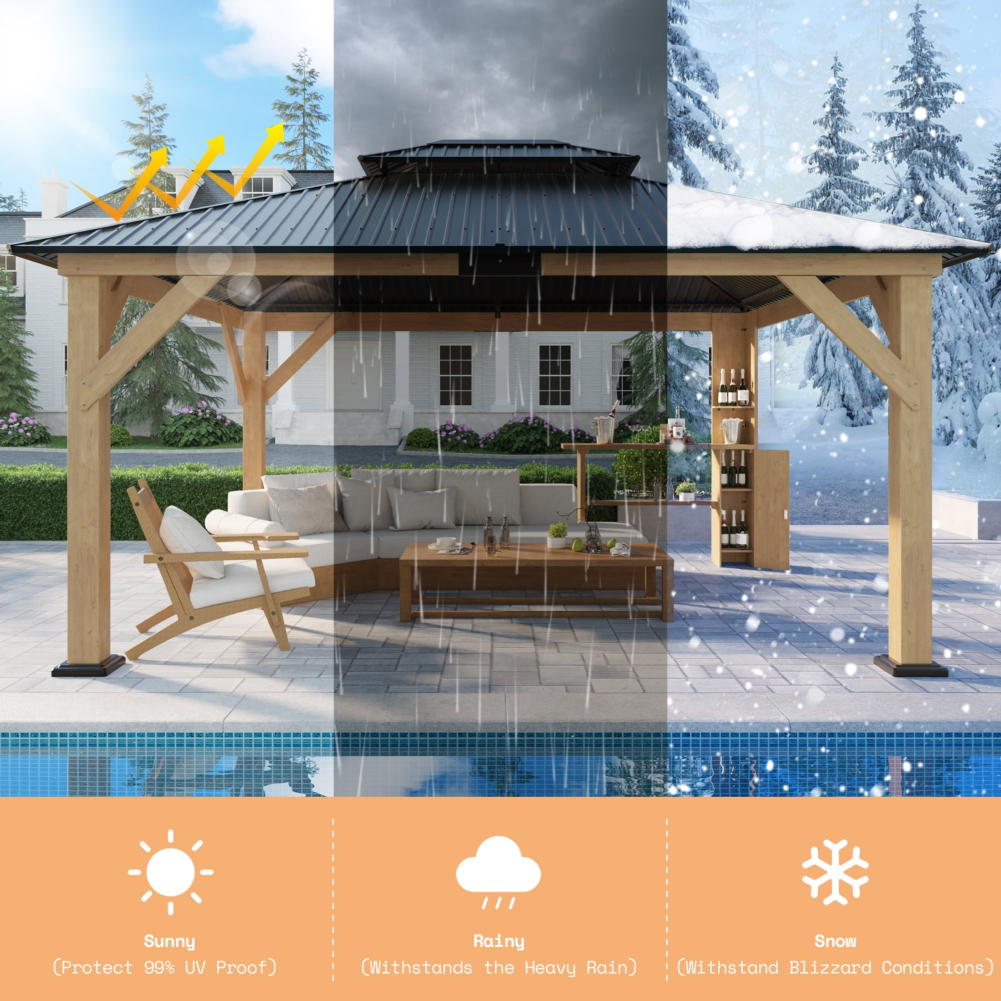 Merluxy Wood Gazebo 13'x15', Wind & Rain Resistant Design, Grill Gazebo for Garden, Backyard