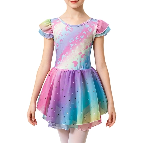 Bainana Girls' Ballet Performance Dress Kids Colorful Print Short Sleeve Crew Neck Dresses Stretchy Soft Toddler Girls Dance Training Dress Pink Size 4-5 Years