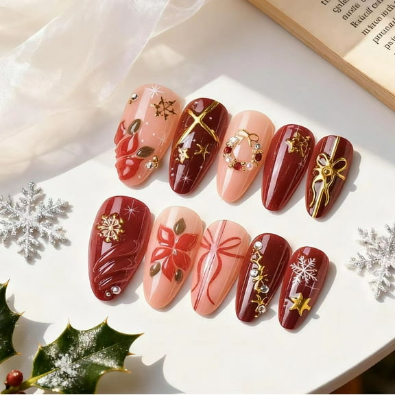 Christmas Press-On Nails, 24 Pcs Almond Shape with 3D Flowers, Gold Foil Snowflakes & Bowknot, Handmade Rhinestone Decor Fake Nails for Holiday Party Gift