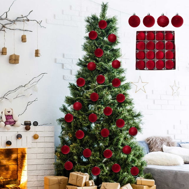 16 Flocked Velvet Christmas Ball Ornaments, 2.4 Inch Brown Plastic Balls with Hanging Ropes for Tree Decor