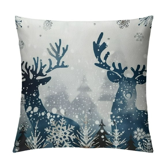 Creowell Christmas Snowflake Pillow Covers Blue Deer Holiday Decorative Throw Pillow Cover Winter Cushion Case for Home Sofa Square 12x12in