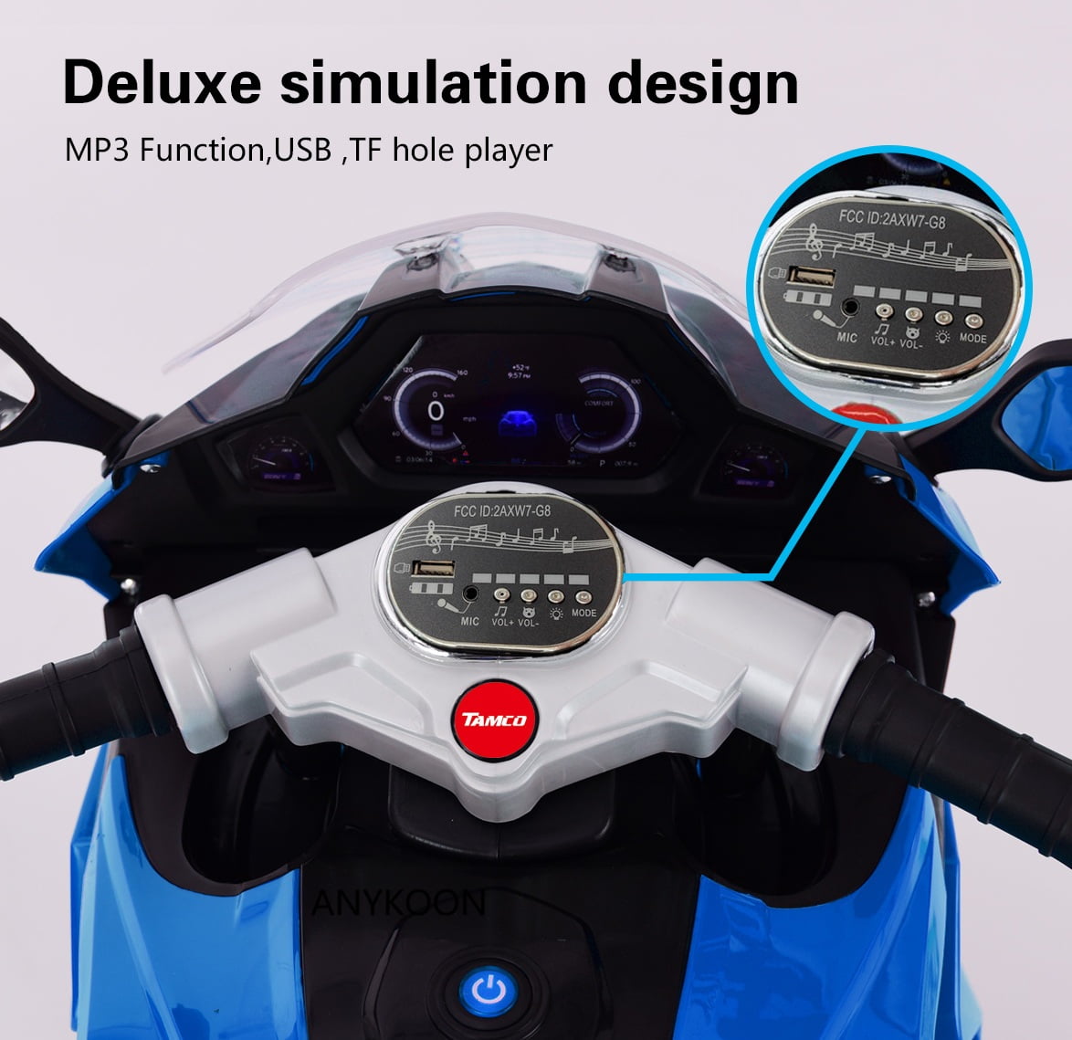 Anykoon 12V Kids Electric Ride On Motorcycle with 3 Light-Up Wheels, Bluetooth Music & LED Lights, Battery Powered Ride On Toy for Ages 3-8, Blue