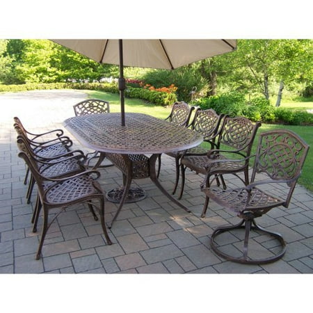 Oakland Living Mississippi Aluminum 82 x 42 in. Oval Patio Dining Set with Swivel Chairs & Tilting Umbrella with Stand - Seats 8