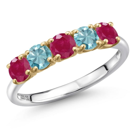 Gem Stone King 925 Silver and 10K Yellow Gold Red Ruby and Blue Zircon Wedding-Bands Ring for Women | 2.05 Cttw | Round 4MM | Gemstone July Birthstone | Size 5