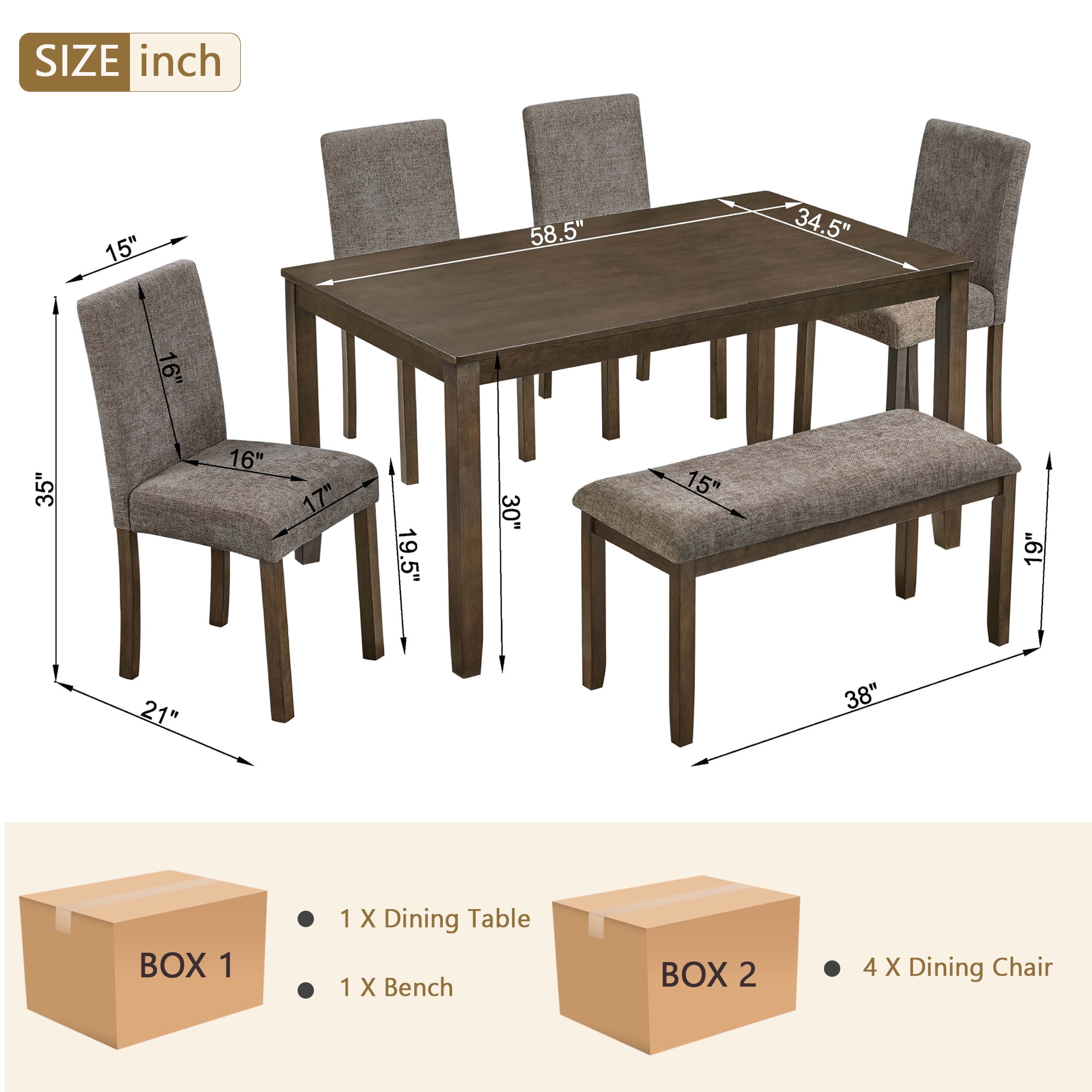 6-Piece Dining Table Set for 6, 58.5" Wood Rectangular Kitchen Table with 4 Chairs & Bench