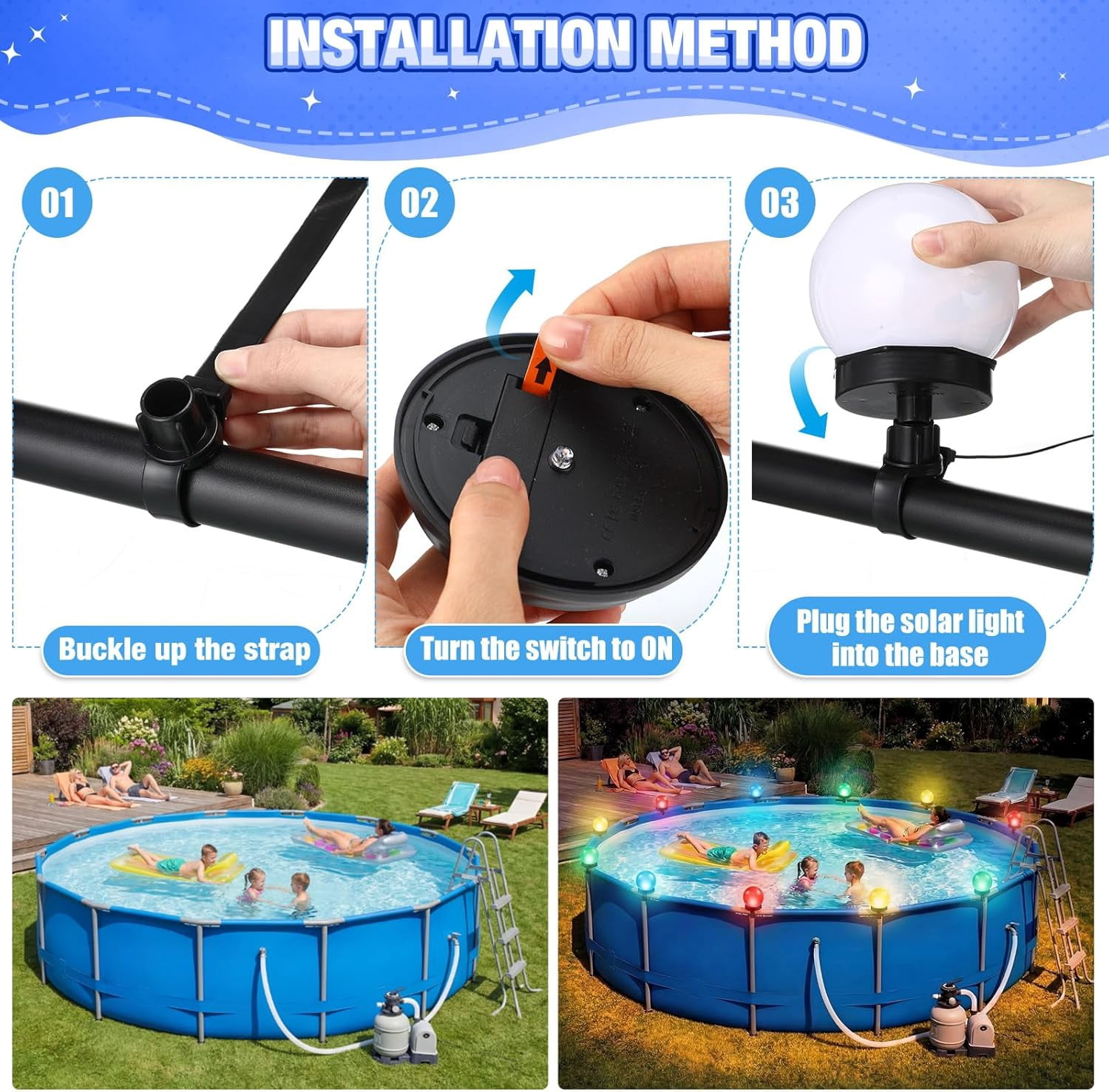 8 Pcs Pool Solar Lights for Framed Above Ground Pools Waterproof Solar Light Outdoor Swimming Pool Fence Decorations Pools Accessories Colorful Light