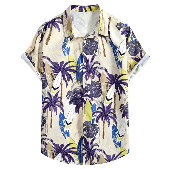 Button Down Hawaiian Shirt for Men Short Sleeve with Tropical Print Notch Lapel Collar Beach Casual Tshirt Tees (X-Large, Yellow 01)