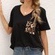 thumbnail image 2 of Top de manga corta para mujer, cuello en V, holgado, con bolsillo de leopardo, costuras, poliéster suave y transpirable, 2 of 5