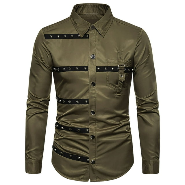 LMKIHUSA Chemises Habillées Gothiques pour Hommes à Manches Longues, Hauts Boutonnés, Col à Revers, Chemise Unie à Rivets pour Fête, Vert Armée, TG