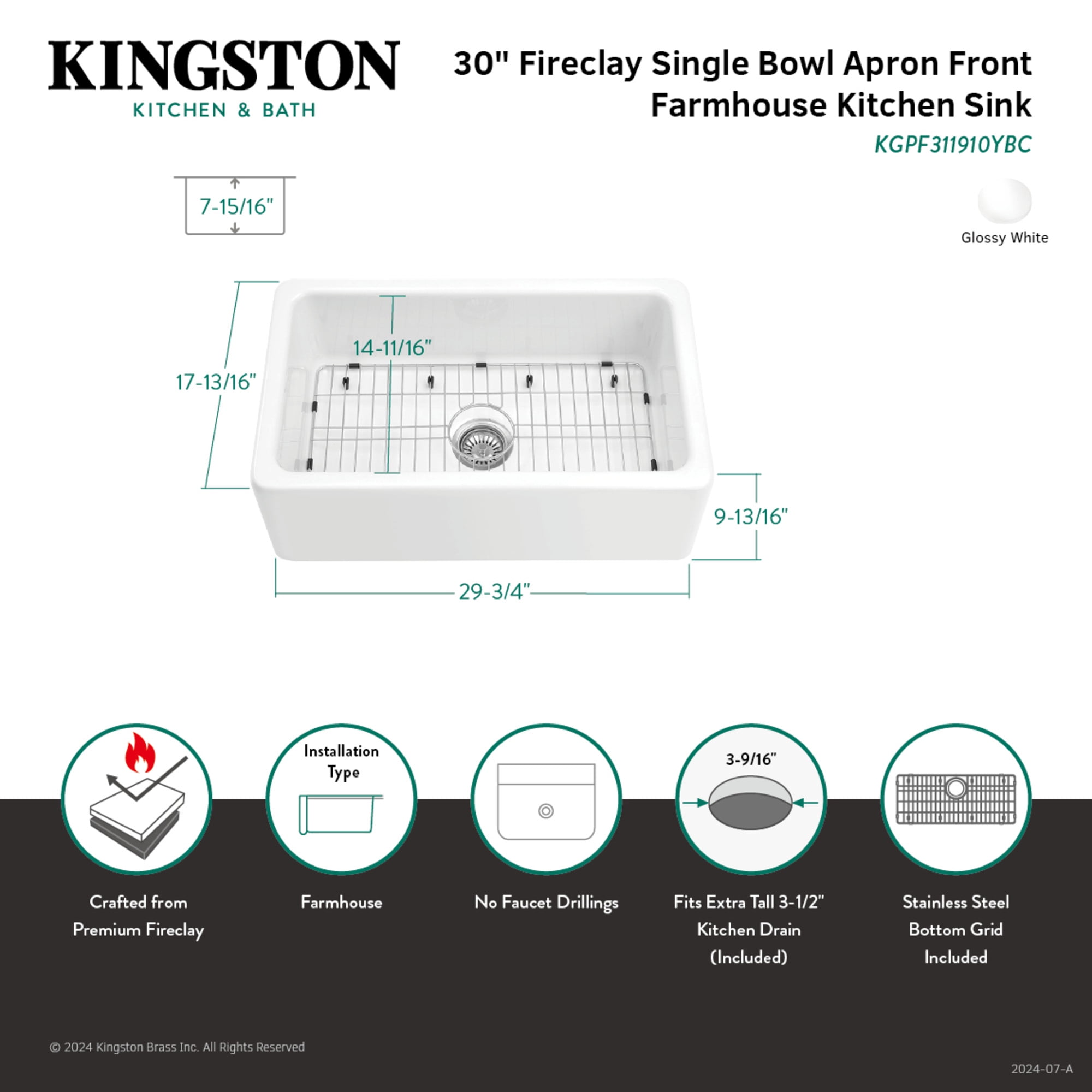 Gourmetier KGPF311910YBC 30" Fireclay Farmhouse Kitchen Sink, Glossy White