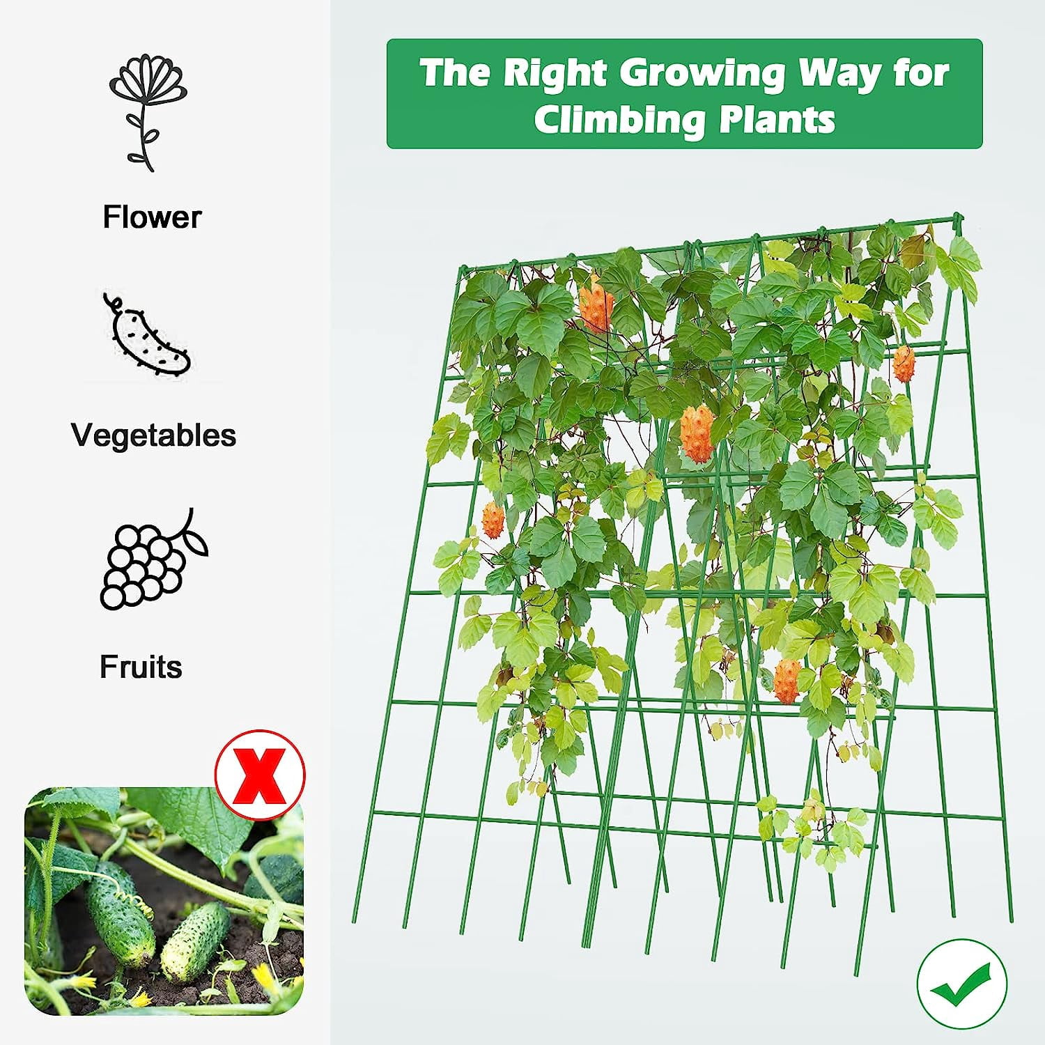 Cucumber Trellis, 2 Pack Foldable A Frame Trellis for Raised Bed Climbing Plants, Vegetables, Includes Plant Support Clips, Twist Ties, Plastic Ties- Made from PVC-Coated Steel