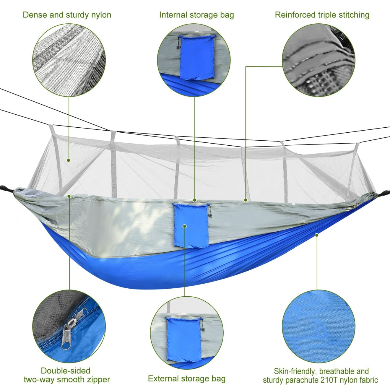 Camping Hammock, Portable Double Hammock with Net,600lbs Load 2 Persons Hammock w/Mosquito Net Outdoor Hiking Camping Hommock Portable Nylon Swing Hanging Bed w/ Strap Hook Carry Bag