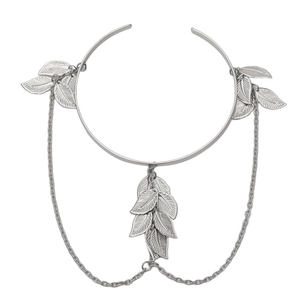 Pulsera de cadena con borlas de plumas y hojas griegas para mujeres y niñas, ajustable Plata