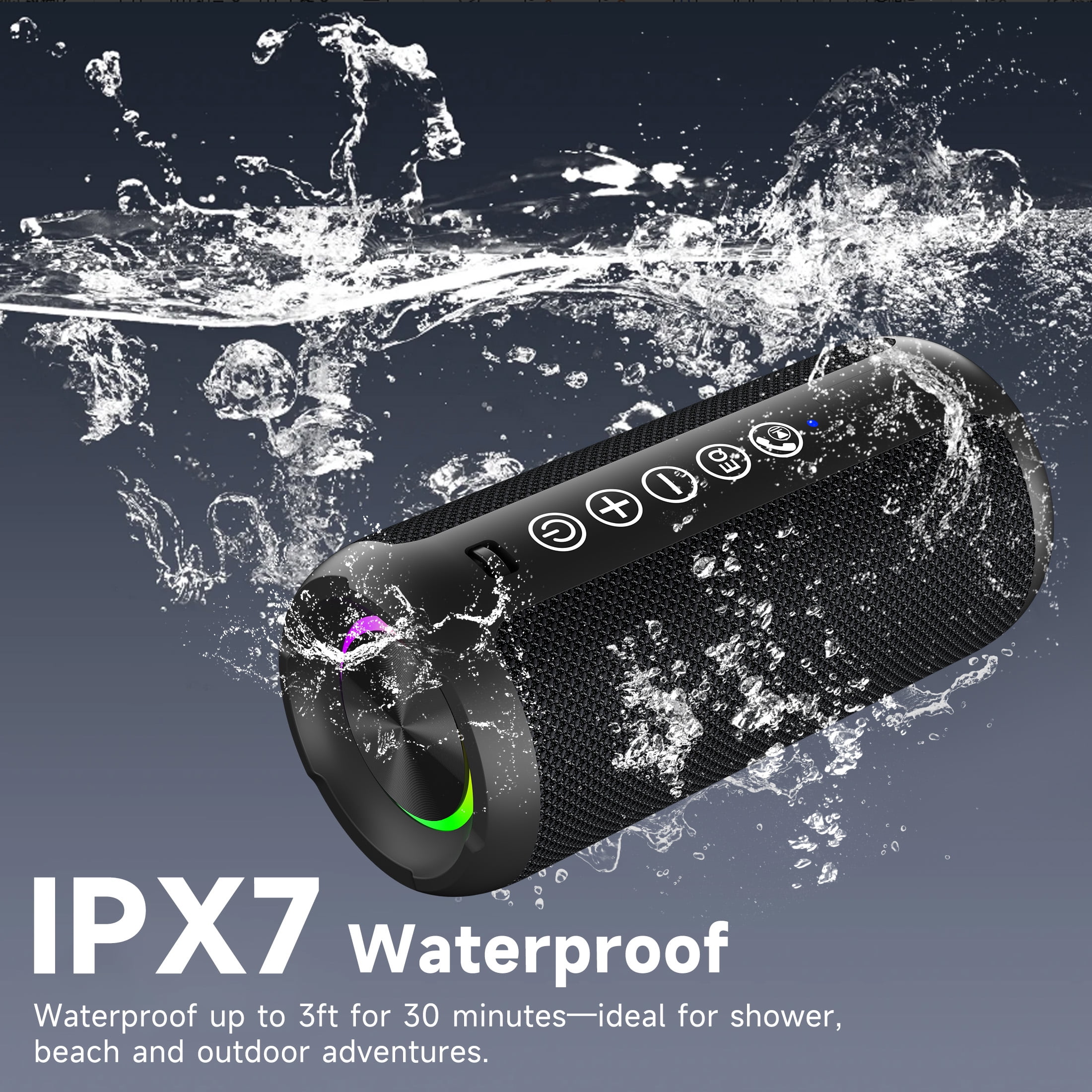Solorage Portable Bluetooth Speaker IPX7 Waterproof, 24W Loud Sound, Deep Bass, Bluetooth 5.3, 30H Playtime, Wireless Stereo Pairing, LED Lights, for Home/Beach/Party/Outdoors-Black