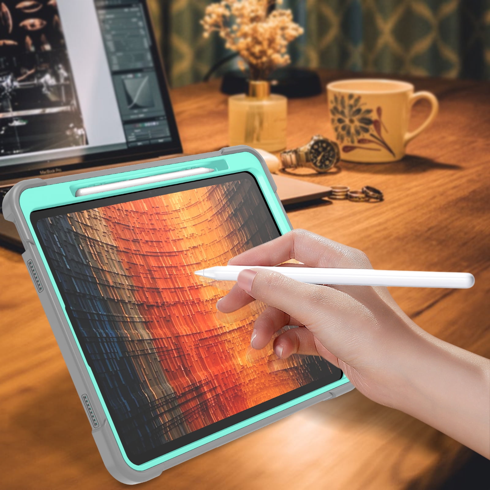 Dteck Case for iPad Air 13-inch (M2) 2024, iPad Air 13 Inch Case with Kickstand and Pencil Holder, Heavy Duty Shockproof Protective Cover for Kids,Green