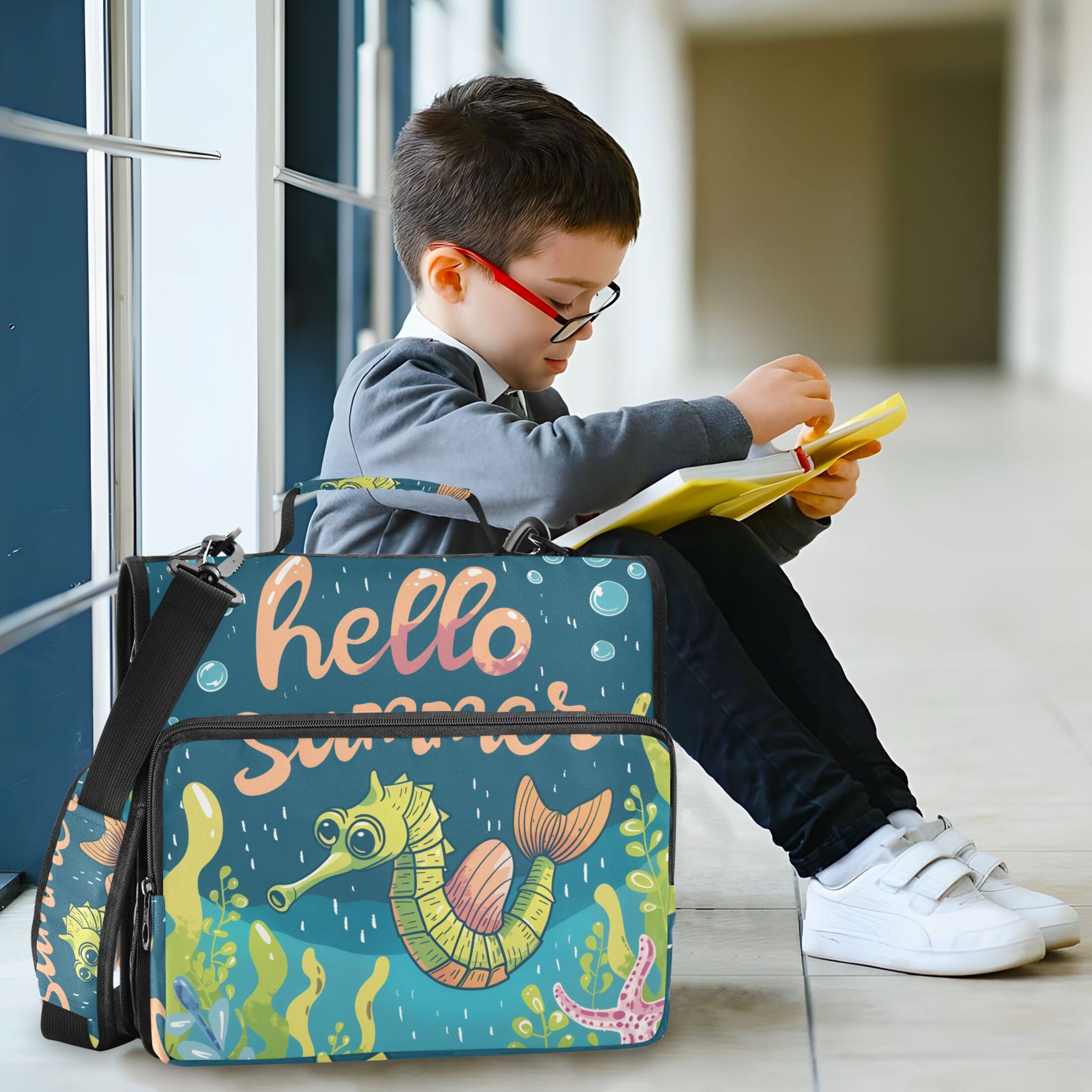 3 Ring Zipper Binder with Shoulder Strap Waterproof Trapper Keeper 2 Inch D-Ring 500 Sheets Capacity Hello Summer Seahorses