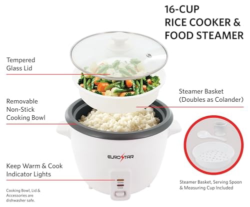 EUROSTAR RC616 16-Cup Rice Cooker, White