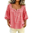 thumbnail image 2 of Warop Women's French Square Neck Plaid Shirt Summer Puff Mid Sleeve Loose Blouse Versatile for Daily Vacation Outing, 2 of 5