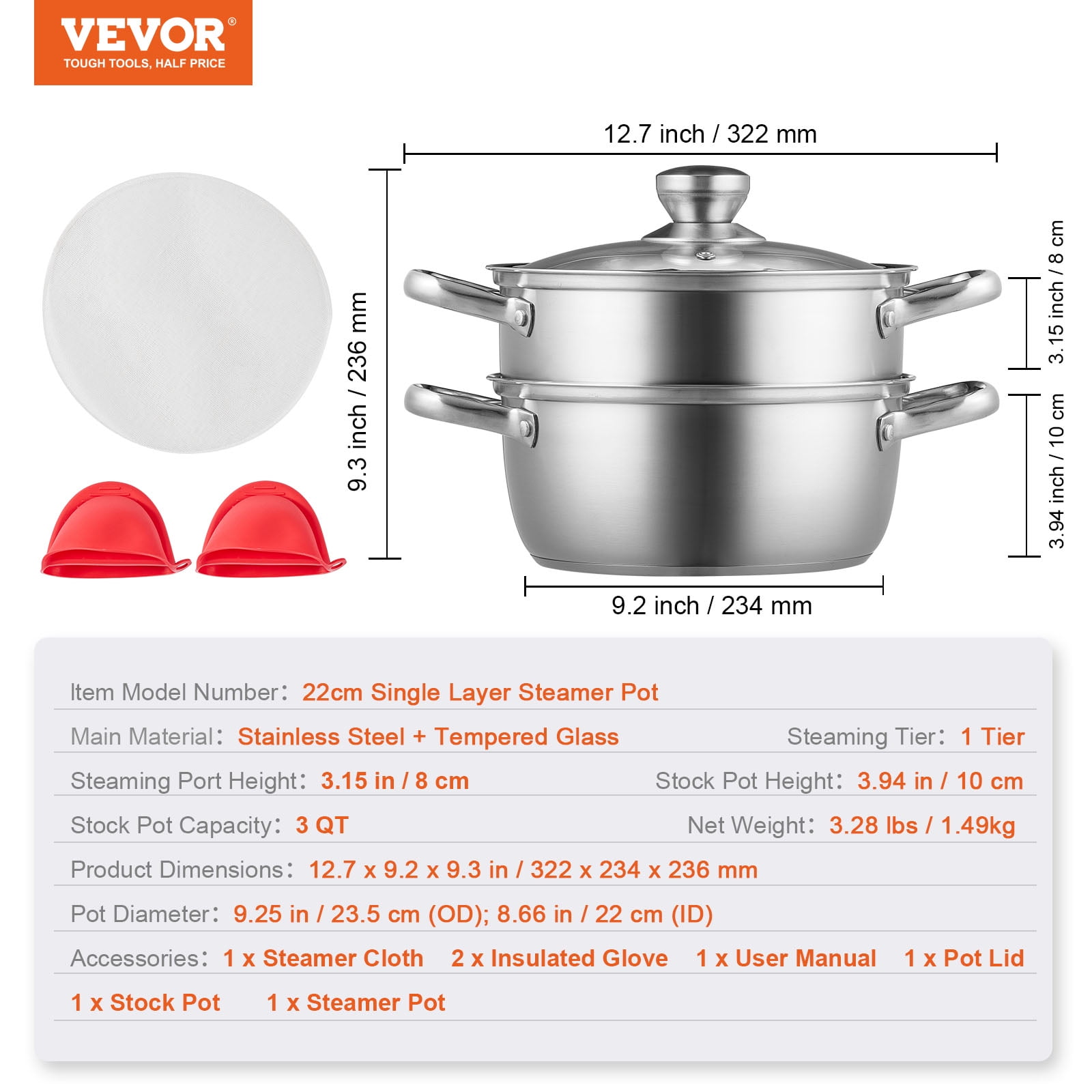 BENTISM Steamer Pot, 8.66in/22cm Steamer Pot for Cooking with 3QT Stock Pot and Vegetable Steamer, Large Capacity Stainless Steel Food Steamer Cookware with Lid for Gas Electric Induction Grill Stove
