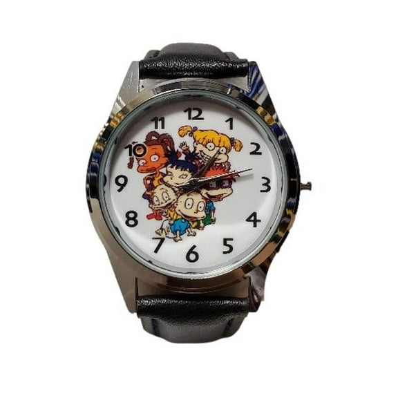Rugrats Cartoon Characters Black Leather Band Wrist Watch