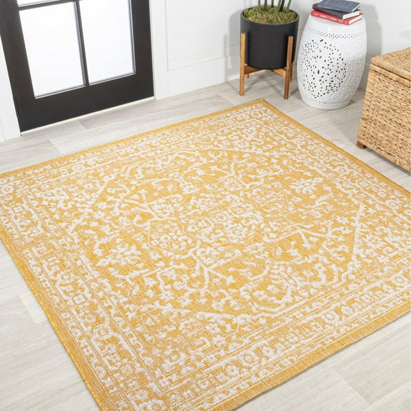 JONATHAN Y SANTA MONICA 5' Square Area Rug, Malta Bohemian Medallion Textured Weave - Yellow/Cream, SMB104G-5SQ