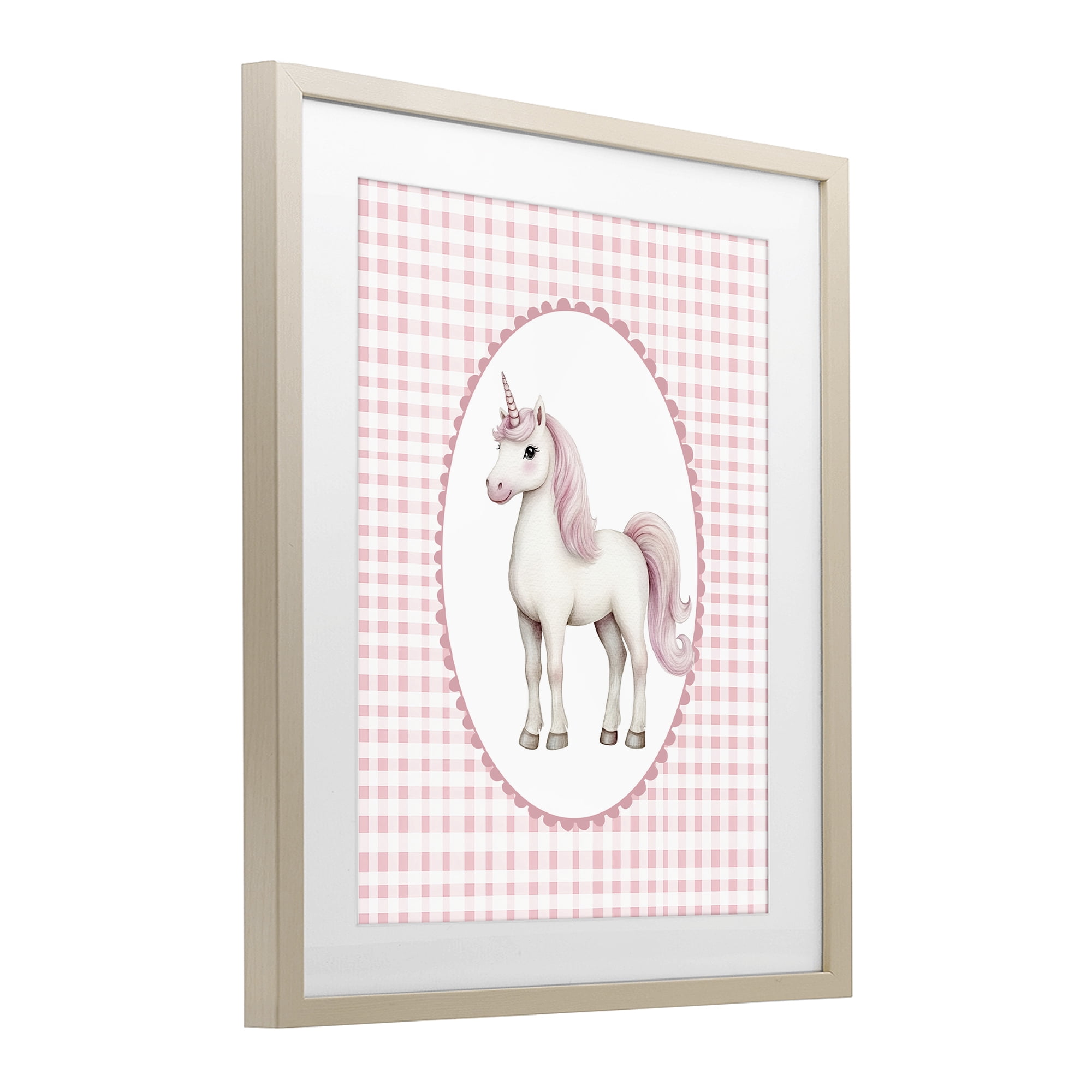 Stupell Industries Pink Gingham Unicorn Birch Framed Print Under Glass, design by Christine Simpson Art