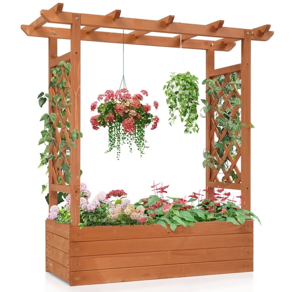 BAYUELSWU Raised Garden Bed with 2-Sided Trellis & Hanging Roof, Fir Wood Planter Box w/Drainage Holes, Bottom Gaps, Freestanding Garden Planter for Flowers Herbs Climbing Vines (Teak Color)