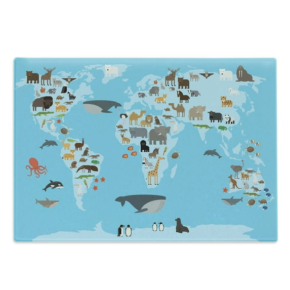 Geography Cutting Board, Guide World Map Animals Living Places Kids Discovery Safari Earth, Decorative Tempered Glass Cutting and Serving Board, in 3 Sizes, by Ambesonne
