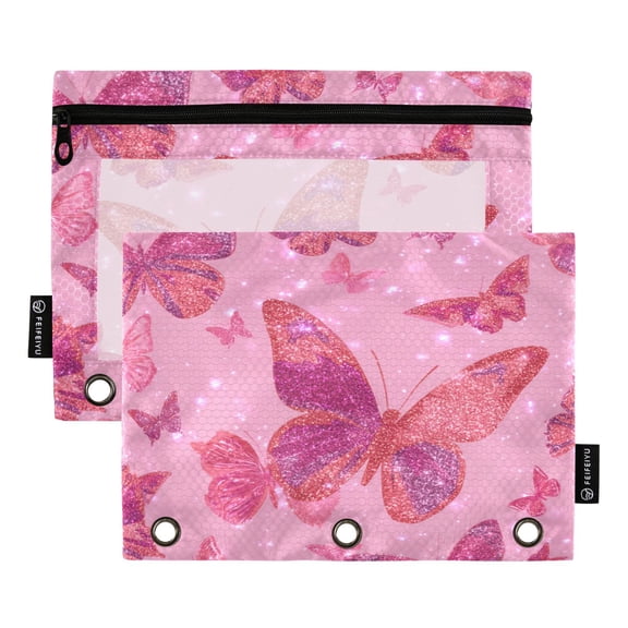 2 Pack 3 Ring Binder Pouch with Clear PVC Window Water Resistant Zipper Pencil Pouch Glittering Sequin Butterfly Binder Pocket for Classroom Office Home Stationery Organization
