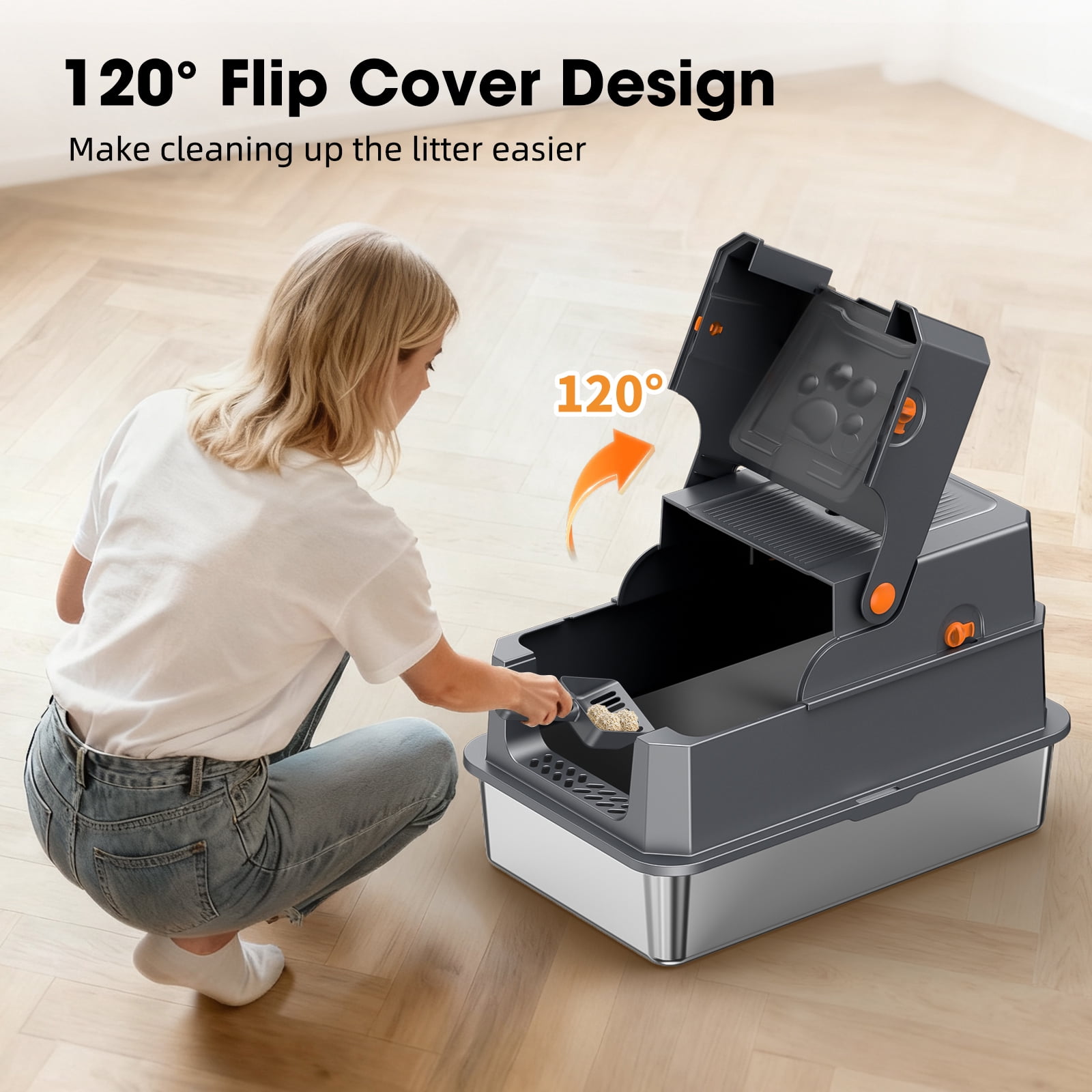 XL Stainless Steel Cat Litter Box with Lid, 3-in-1 Enclosed Litter Box, 23 x 15 Inch Metal Litter Pan for Big Cats, Flip Cover Design, Odor Control with Charcoal Filter, Scoop Included
