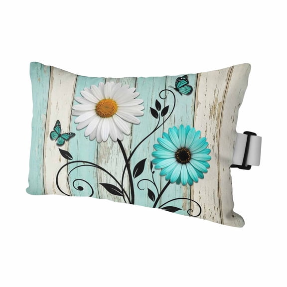 Teal Cream Daisy Farmhouse Outdoor Pillows for Chaise Lounge Chair Waterproof Lumbar Pillows with Insert&Adjustable Elastic Strap Beach Headrest Pillow Country Vintage Floral Pool Pillow 11"x16"