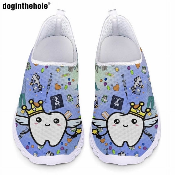 Doginthehole - Zapatos planos informales para mujer, nuevos, con estampado de dientes de dibujos animados Kawaii, de malla transpirable, ligeros, sin cordones, regalo