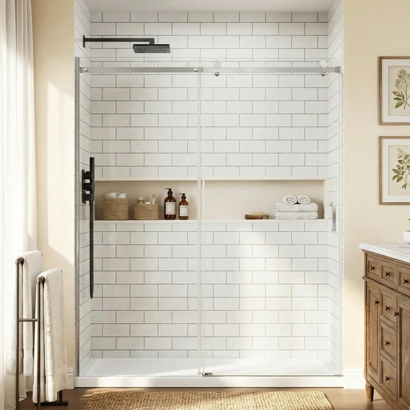 GVN 60*72 Inch Frameless Modern Shower Door with Single Sliding Door, 1/4" Thickness Tempered Glass Shower Door for Bathroom, Silver