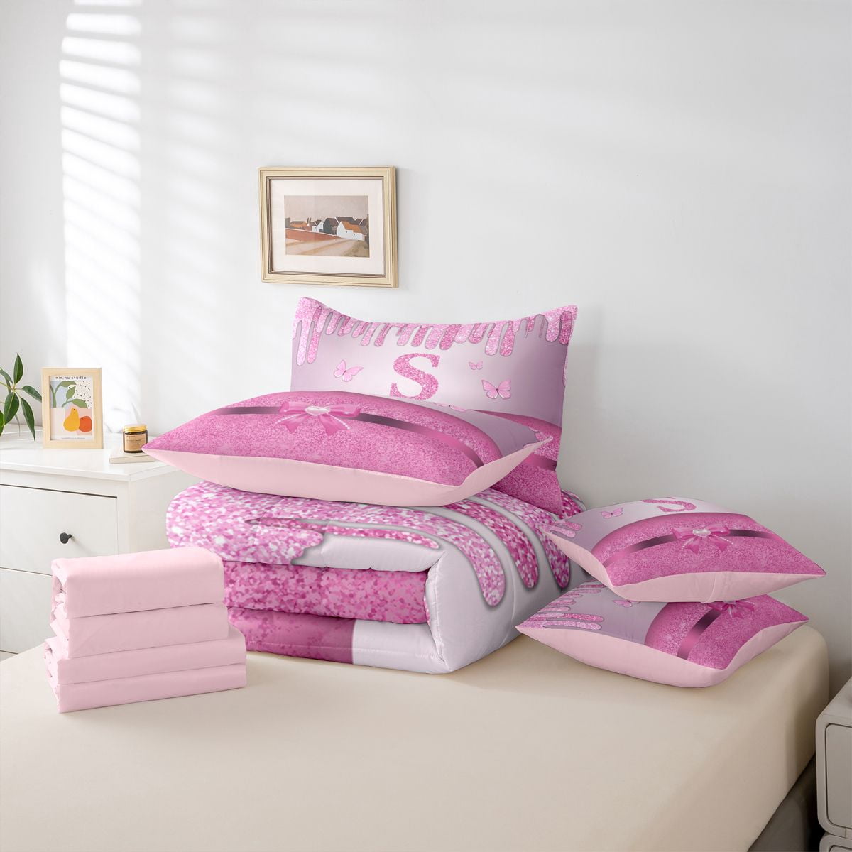 Manfei Letter Monogrammed Initial S Girl 7-Piece Twin Bedding Sets,Kawaii Bow Butterfly Bedding Comforter Set,Bling Pink Glitter Breathable Sheet Sets,Lightweight Room Decor,Reversible