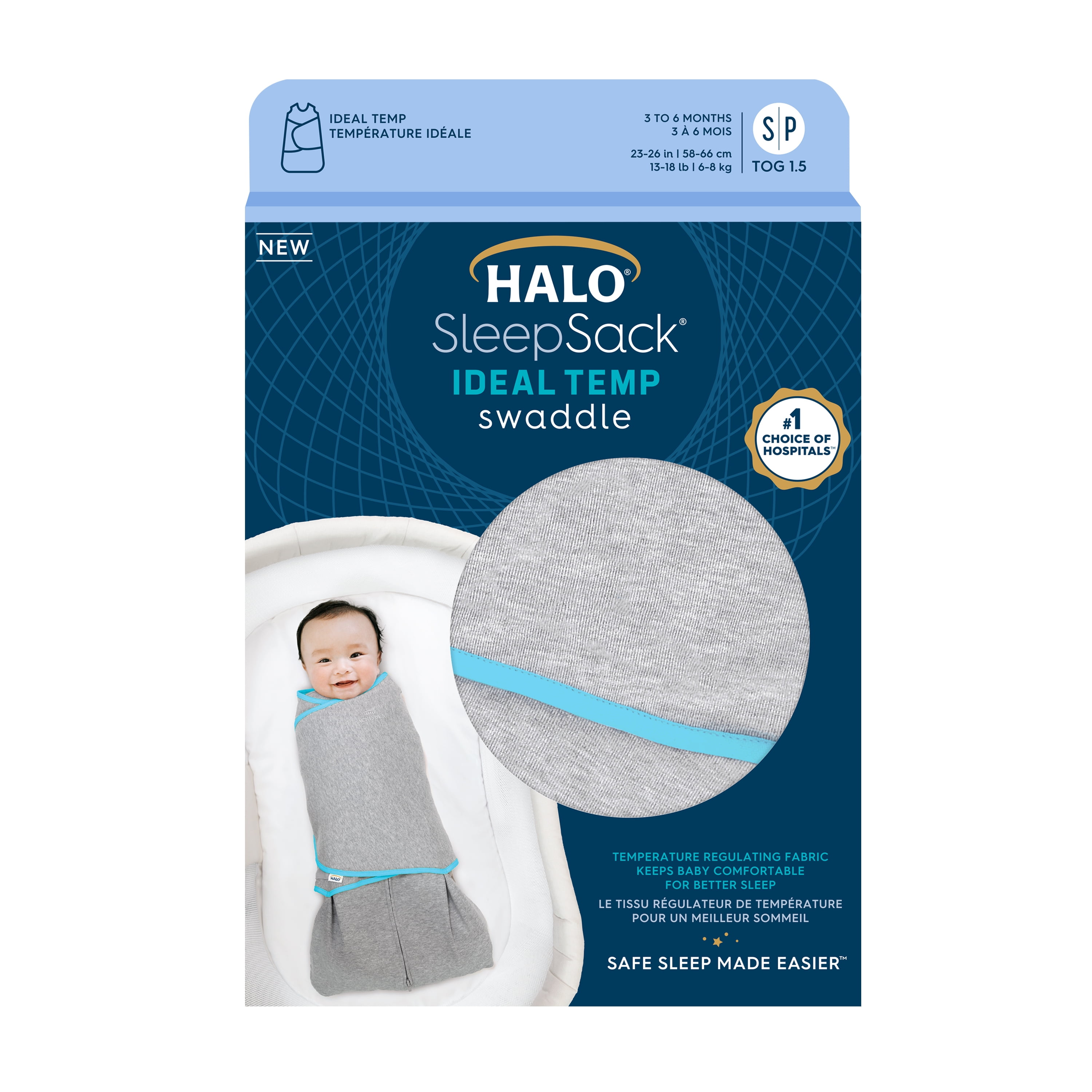 HALO heather grey/aqua idealtemp SleepSack swaddle - NB