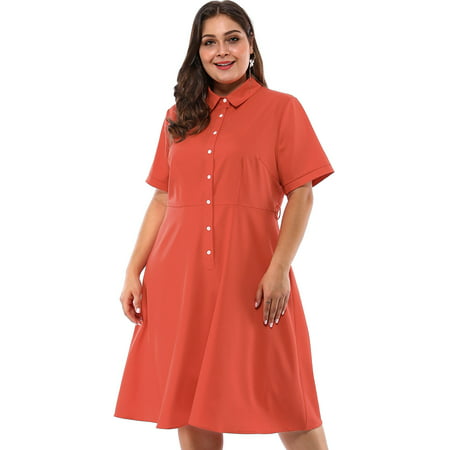 Women's Plus Size Retro Solid Button Down Flared Shirt Dress Orange 2X ...