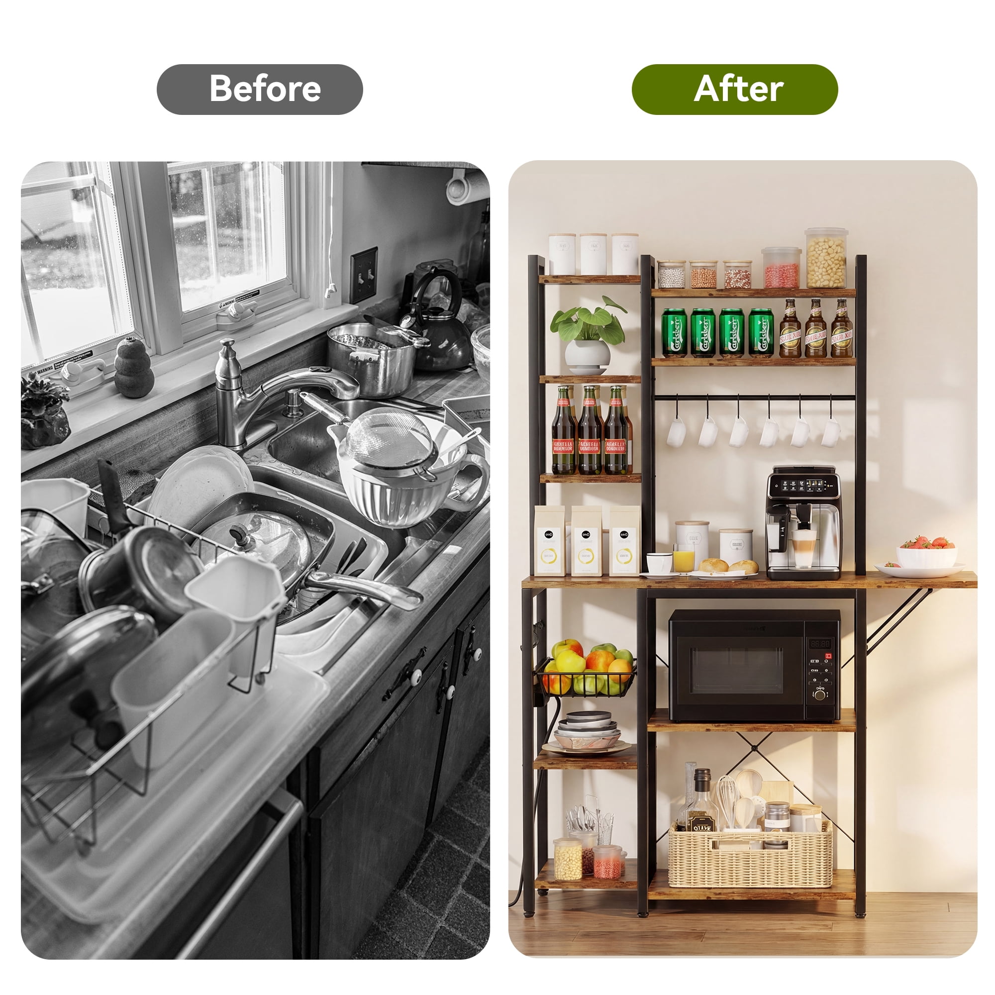 Keenstone Kitchen Bakers Rack Desktop Extension with 3 Power Outlets, Microwave Oven Stand with 14 S-shaped Hooks ,Coffee Bar Table 10 Tiers with Wire Basket,Rustic Brown