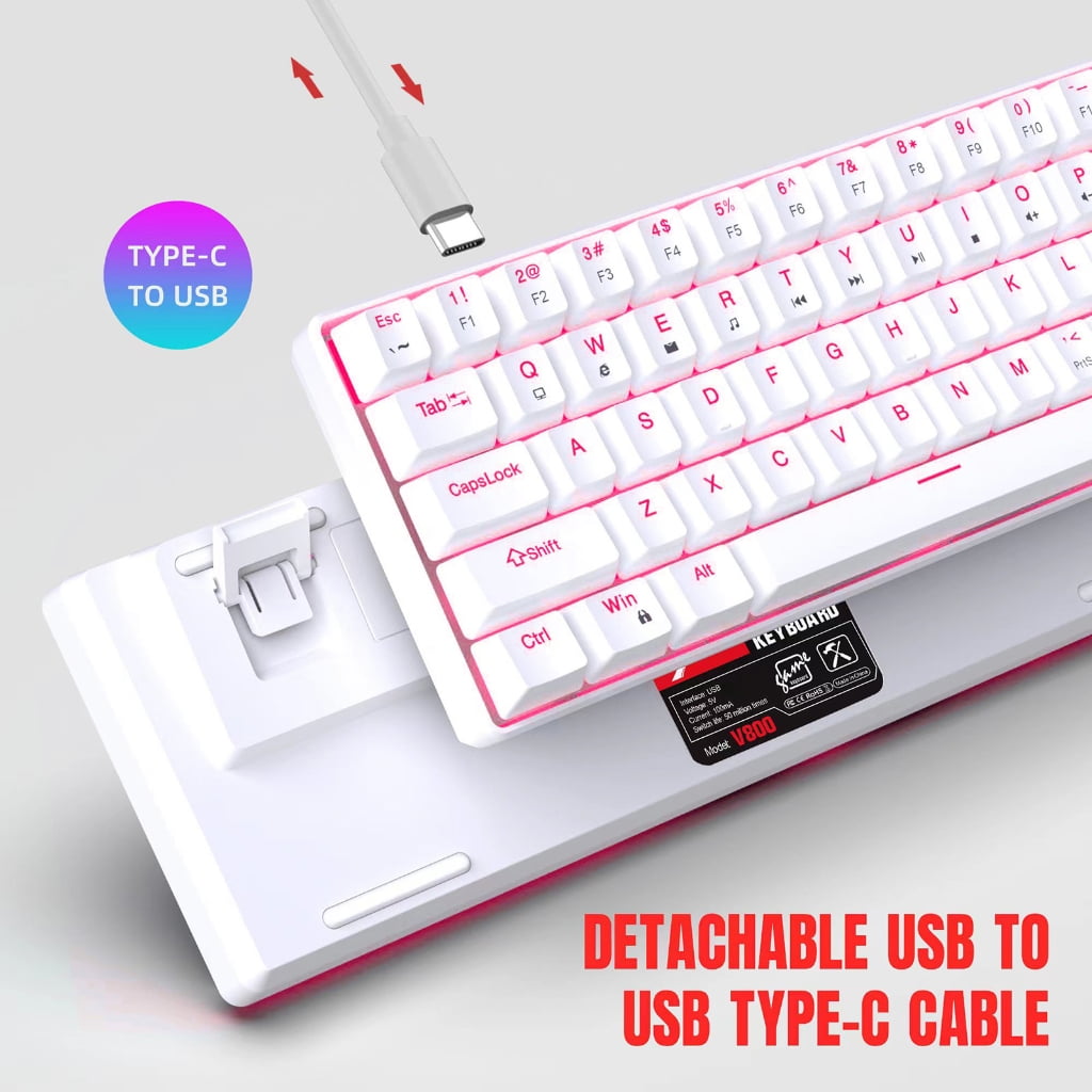 V800 68 Key Gaming Keyboard Double Shot Clicky Switches Two Color Injections LED Lighting Option USB C 60% Small Keypad