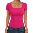 thumbnail image 2 of Womens Square Neck Short Sleeve Shirts Slim Fit Cap Sleeve Tops Summer Basic Low Cut Tee Fashion Hot Pink M, 2 of 5