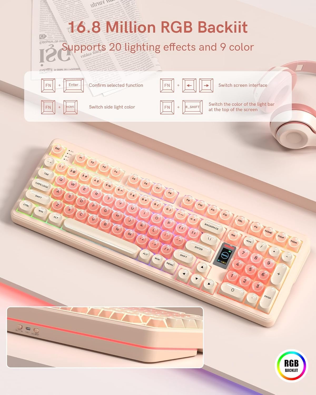 Foundation Mechanical Keyboard,98% Creamy Keyboard Gaming Keyboard,3 Mode with Multimedia Screen,RGB Backlit,Jelly MOA Profile keycaps for Win/,