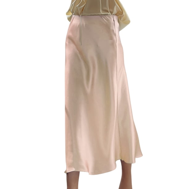 Gibobby faldas para mujer invierno con cintura elástica oculta de cintura alta de satén para mujer(Beige, L)
