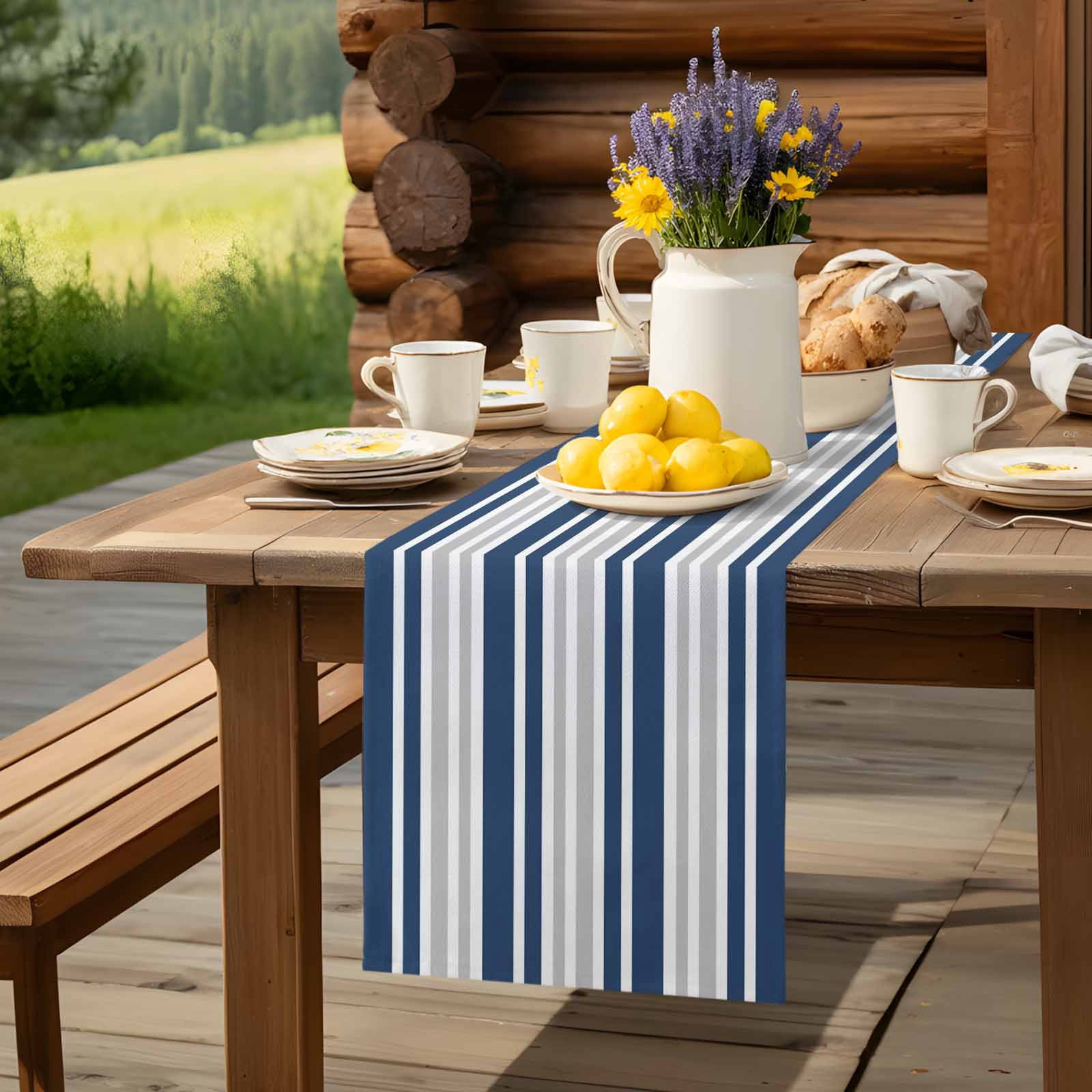 Classic Modern Striped Table Runner 90 Inches Long, Grey White Navy Blue Table Runners Tabletop Scarf Kitchen Dining Tables Decoration for Home Party Indoor Outdoor