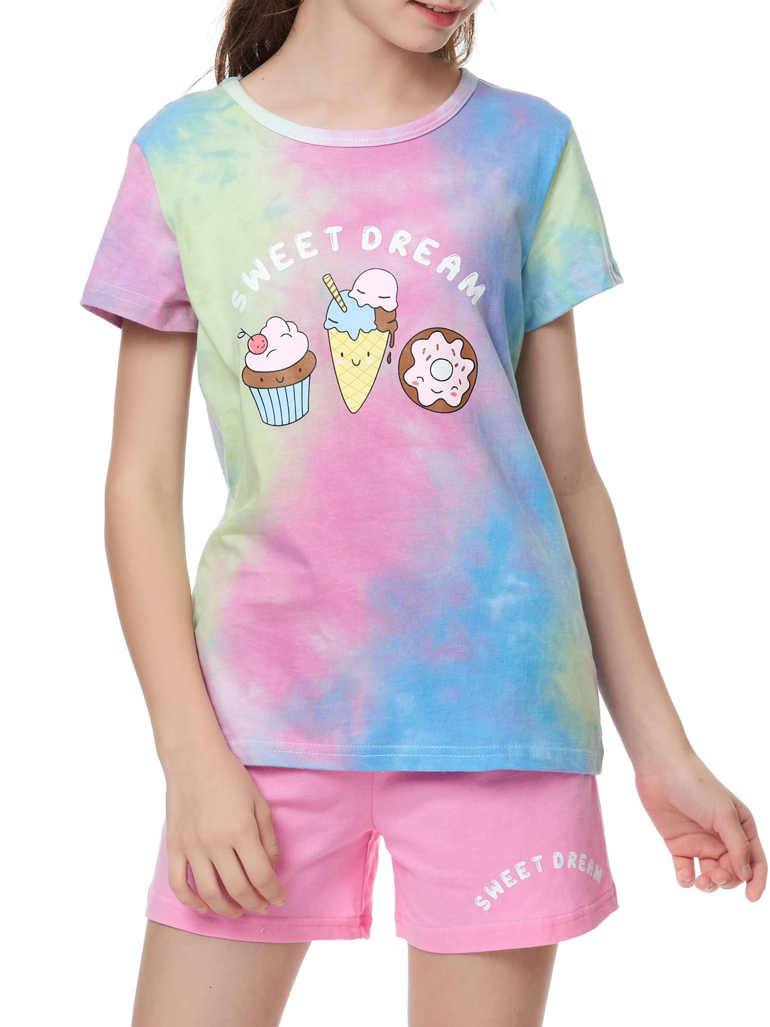 Beezizac Girls Sleepover Theme Matching Pajamas Size 6-100% Cotton Summer Short Sleeve Tween Kids Jammies Set PJS Pal