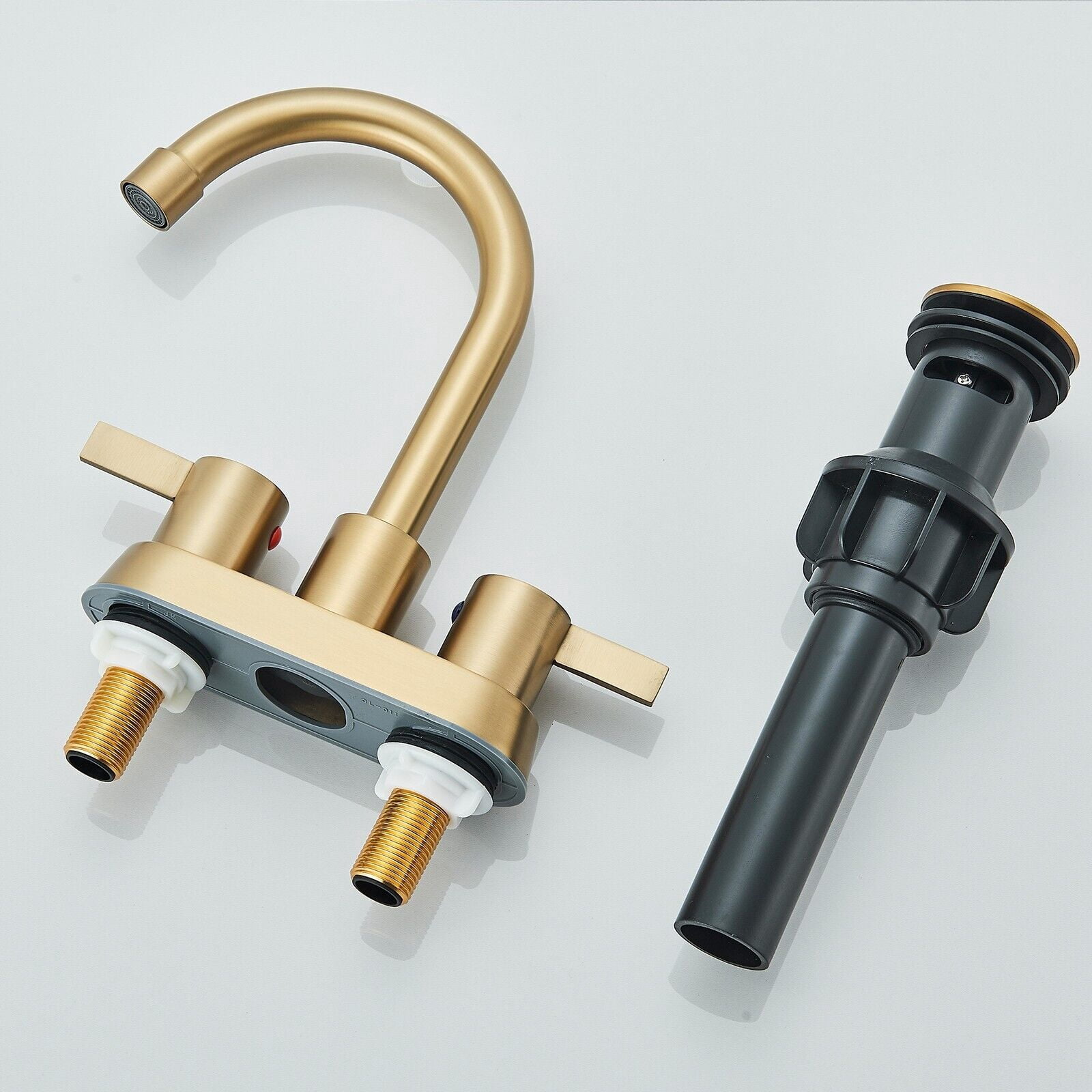 Brushed Gold 4 Inch 2 Handle Centerset Lead-Free Bathroom Faucet Swivel Spout with Pop Up Drain