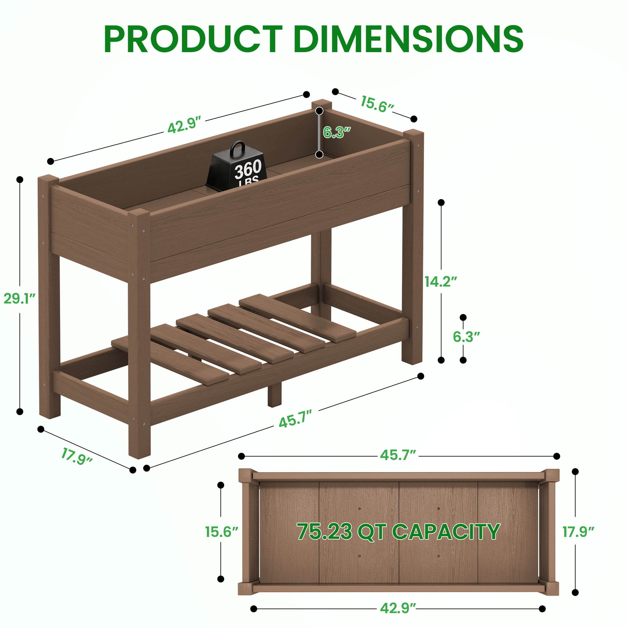 SERWALL HDPE Raised Garden Bed with Legs, 43"x16"x30" Elevated Planter Box, Outdoor Planter for Vegetables Flowers, 2-Piece, Brown
