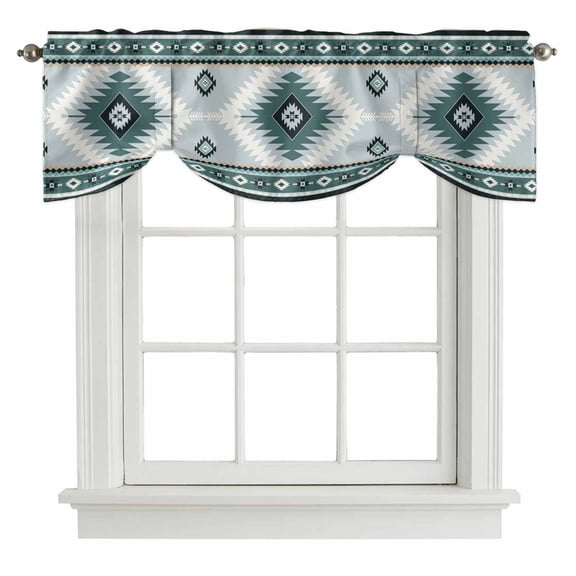 Teal Gray Boho Tie Up Valance Curtains for Windows, Kitchen Curtains Window Treatments, Southwestern Ethnic Abstract Geometric Short Window Shades Valances for Bedroom Bathroom Cafe 54"x18"