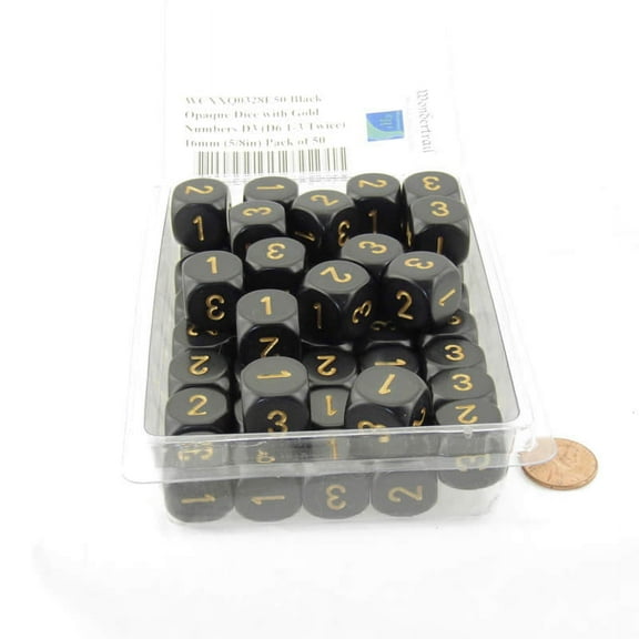 Black Opaque Dice with Gold Numbers D3 (D6 1-3 Twice) 16mm (5/8in) Pack of 50 Wondertrail