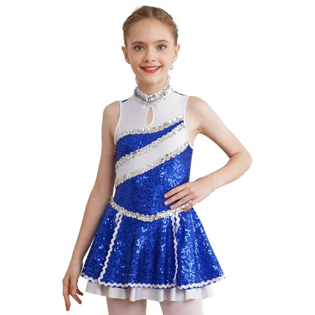 Rswnyirn Tenues de Cheerleading Sans Manches à Paillettes pour Filles, Uniforme de Cheerleading, Robe de Danse Bleu Royal 14